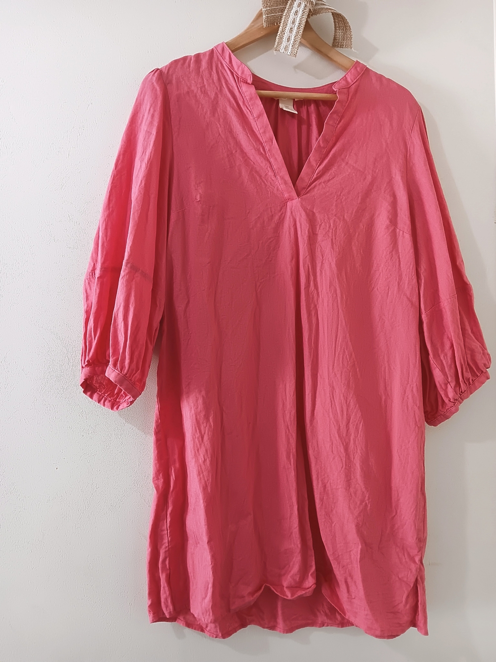 H&M COTTON LINEN V-NECK PINK SIDE SPLIT HEM TUNIC MINI SHIRT DRESS MEDIUM